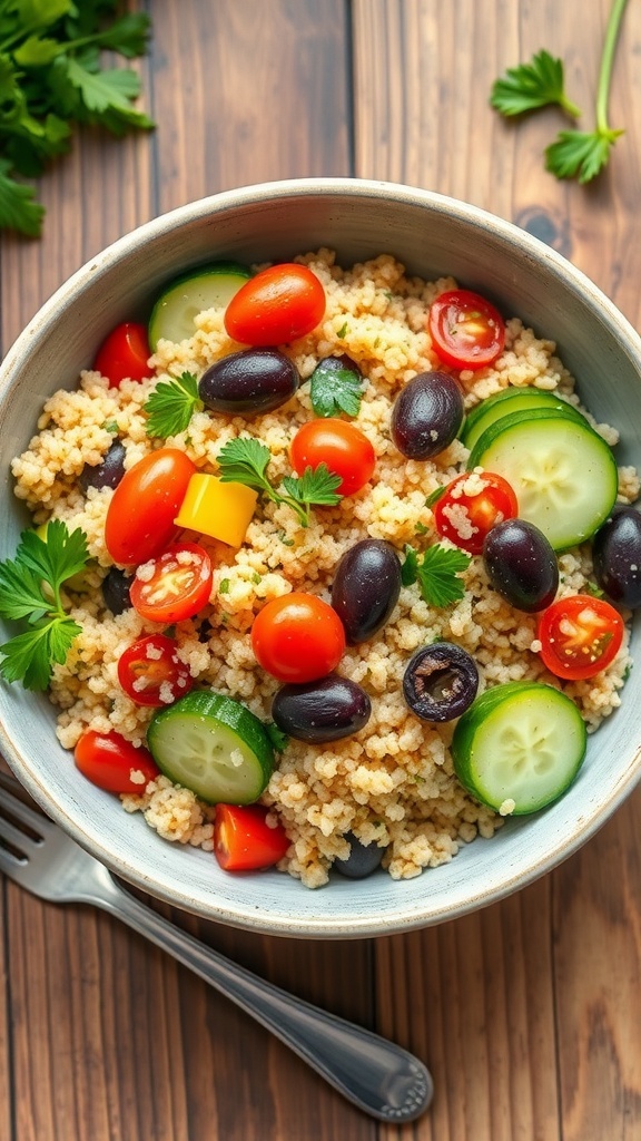 Mediterranean quinoa salad with cherry tomatoes, cucumbers, olives, and parsley in a bowl on a wooden table.